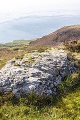 Rocky outcrops on the heather-clad moorland on the Mull of Kintyre at the south end of the Kintyre Peninsula, Argyll & Bute, Scotland UK