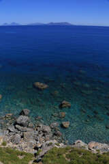 View of the underwater bed from above with crystal water with horizon over the sea