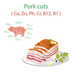 A piece of bacon with a layer of meat on a plate with pepper, garlic sticks and grass. Pork cutting scheme with description and calories.