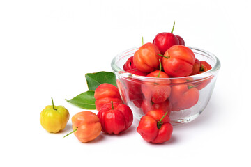 Acerola Cherry in glass bowl on wihte background, High vitamin C and anti oxidant fruits.