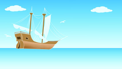 historical wooden schooner with sails sailing on the ocean. Happy Columbus Day greeting card, Vector illustration, cartoon.
