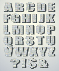 Vector font build out of red bricks. Signs and symbols of the Latin alphabet isolated on white background