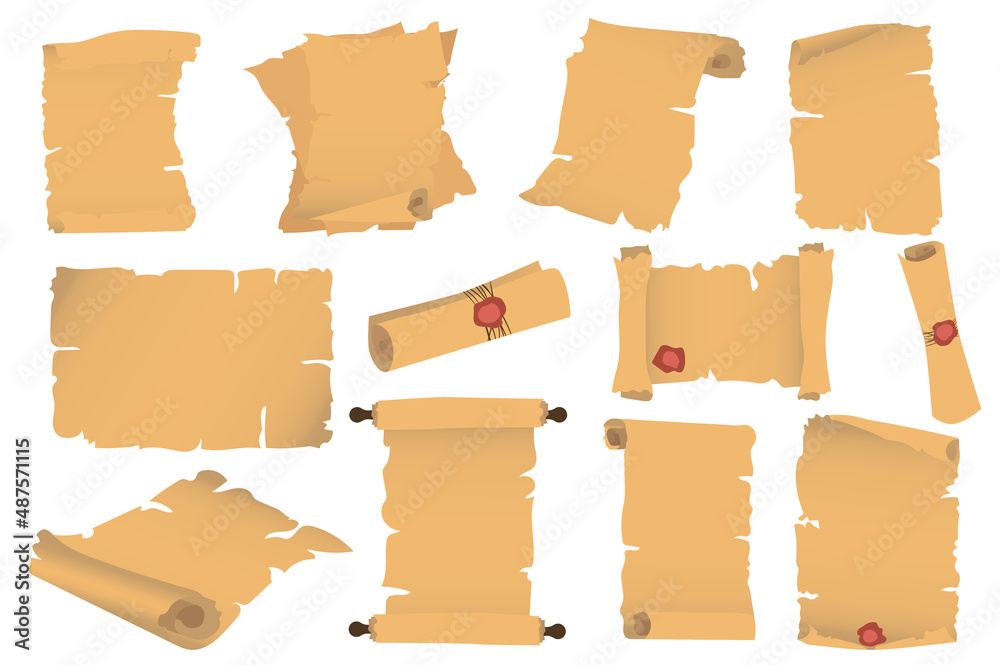 Poster papyrus and parchment different shapes set isolated elements. bundle of antique paper, ripped pages 