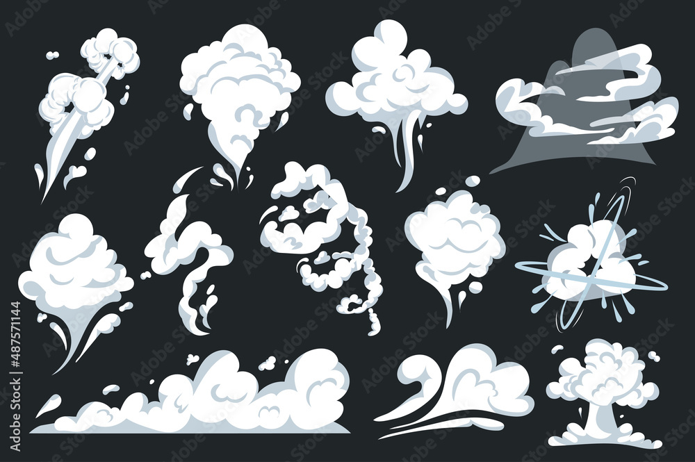 Poster smoke and cloud explosions in comic style set isolated elements. bundle of vapor, steam and fog effe