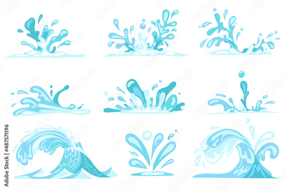 Poster water with splashes and drops set isolated elements. bundle of fresh and clean aqua, pure and blue w
