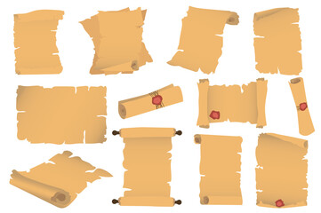 Papyrus and parchment different shapes set isolated elements. Bundle of antique paper, ripped pages and old scroll sheets with ribbon and red wax seal. Vector illustration in flat cartoon design.