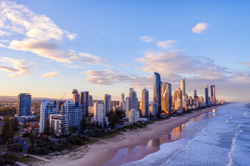 Sunset views over Gold Coast cityscape and beach