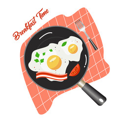 A large frying pan with scrambled eggs, tomatoes, bacon and herbs on a red tablecloth. Vector image in a flat style.