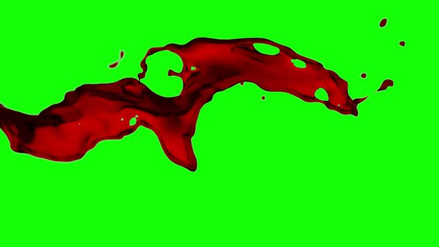 Blood splash on green screen and transparent background. 3D animation of red liquid with chroma key, alpha channel ProRes 4444 in 4k UHD resolution included.