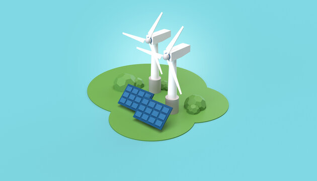 Green energy concept with wind turbines and solar panels 3D illustration