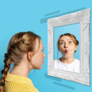 Young girl looking at mirror isolated on light background. Contemporary art collage. Concept of emotions, inner world, mental health