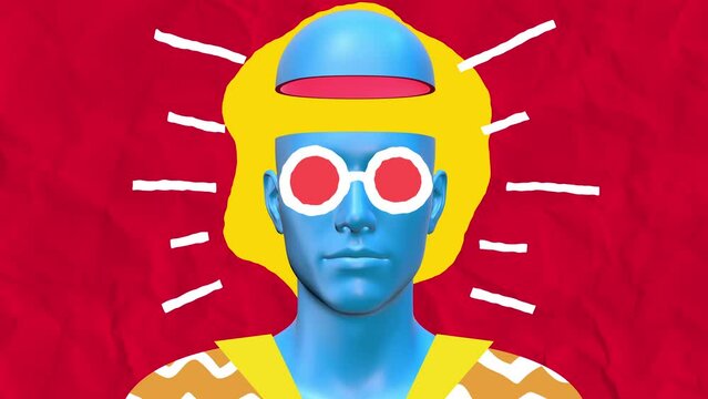 Minimal graphic colorful psychedelic design. Human body abstract art concept with doodle draw shapes. Realistic 3d character man or woman in creative stop motion style. Cartoon fashion loop animation