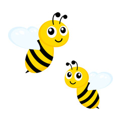 Cute yellow bees set. Happy bees character with kind eyes. Vector isolated on white.