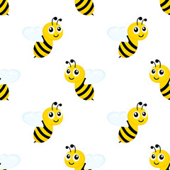 Flying happy bees seamless pattern. Black and yellow bees isolated on white background.