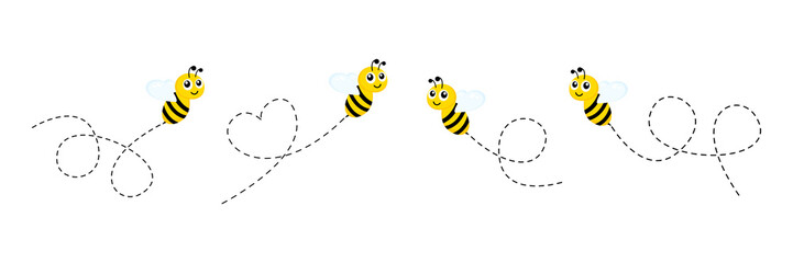 Cute bees characters set. Bee flying on a dotted route isolated on the white background. Vector illustration.