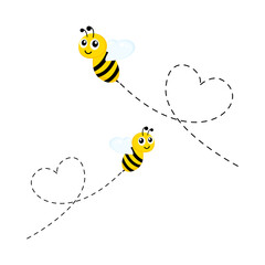 Bees flying on a dotted route in heart shape. Lovely bees character. Vector isolated on white.