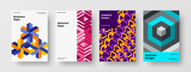 Multicolored geometric hexagons annual report template bundle. Colorful company identity A4 design vector layout set.