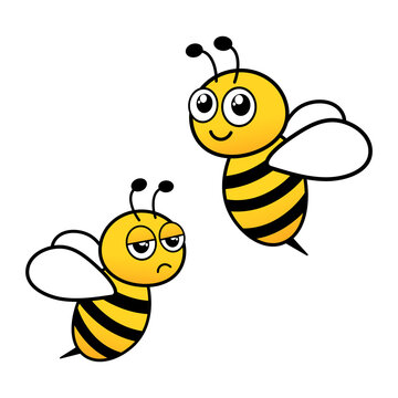 Cute yellow bees set. Happy and sad bees characters. Vector isolated on white.