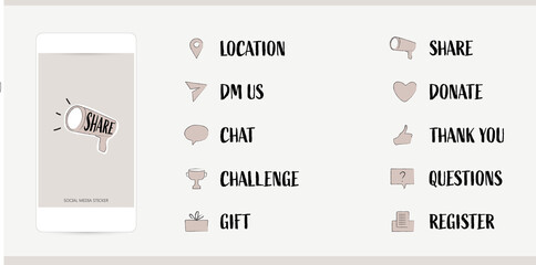 Instagram social media story post infographic sticker, call to action button, message, share, location, subscribe, like, donate, chat, gift, thank you icon. hand drawn simple vector illustration