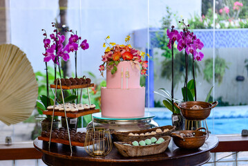 birthday table with sweets and pink cake decorated with flowers, chocolate truffles, brigadeiro, chocolate sprinkles, chocolate candy, condensed milk candy balls, candy balls, ornamental flowers