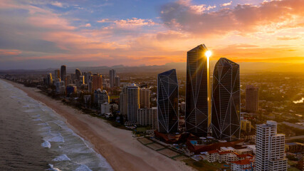 Aerial sunset view over Gold Coast skyline and beach © Bostock