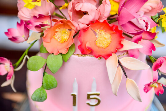 15th Birthday Cake Close-up With Flowers
