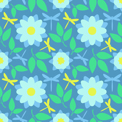 spring pattern. pastel floral background. seamless pattern with blue flowers and dragonflies. blooming meadow. light blue flowers on a blue background. vector ornament