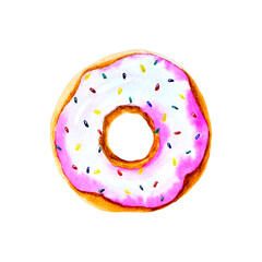 Watercolor donut in a pink glaze with rainbow sugar sprinkles vector. Vector illustration