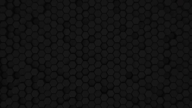 Abstract Hexagon Geometric Surface Loop 5 Black: dark minimal hexagonal grid pattern animation in deep midnight black. Clean background with glossy black hexagon shapes. Space grey. Dramatic feel