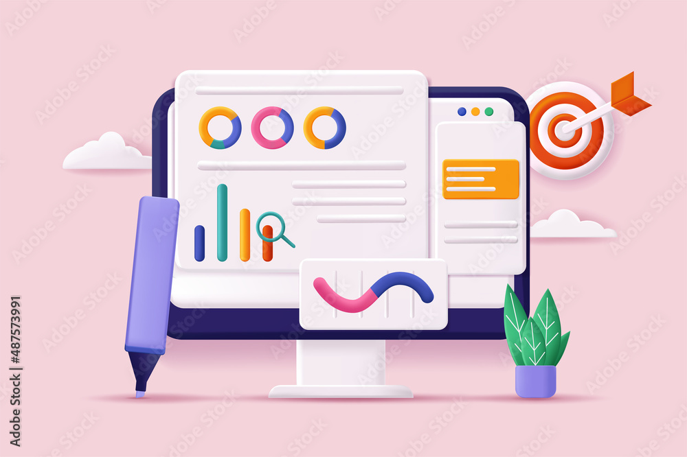 Poster data analysis concept 3d illustration. icon composition with statistics on charts and diagrams at si