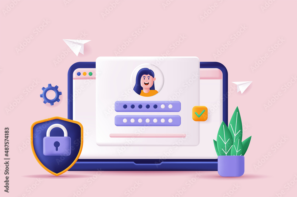 Aufkleber Login and password concept 3D illustration. Icon composition with site interface with secure login form for personal online account or social media profile. Vector illustration for modern web design