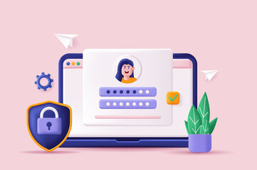 Login and password concept 3D illustration. Icon composition with site interface with secure login form for personal online account or social media profile. Vector illustration for modern web design