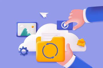 Sharing document concept 3D illustration. Icon composition with transfer of files and graphic content using cloud, backup creation and open access to user. Vector illustration for modern web design