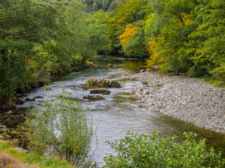 Views of the river from the Welsh Highland mountain railway, Wales, UK