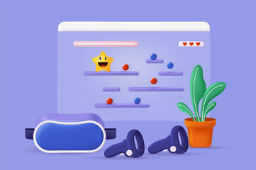 Virtual reality concept 3D illustration. Icon composition with VR headset and sensors for augmented reality simulation video game, cyberspace equipment. Vector illustration for modern web design