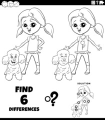differences game with girl and her poodle dog coloring book page