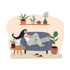Young Woman Relaxing On Sofa Among House Potted Plants. Stay Home Concept Illustration. Vector. 