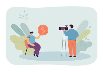 Man giving coin to videographer flat vector illustration. Director recording man on camera. Client paying to producer to shoot video. Income concept for banner, website design or landing web page