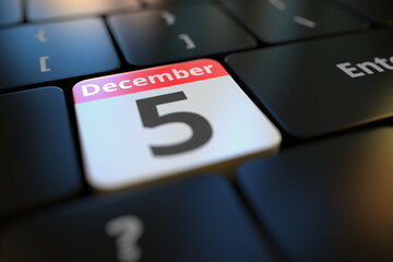 December 5 date on a keyboard key, 3d rendering