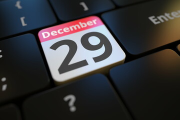 December 29 date on a keyboard key, 3d rendering