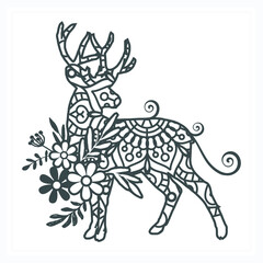 Fototapeta na wymiar Deer Mandala with Flower. Vector, Line Art