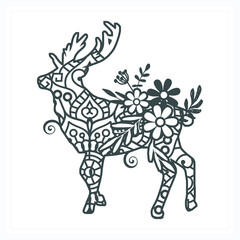 Deer Mandala with Flower. Vector, Line Art