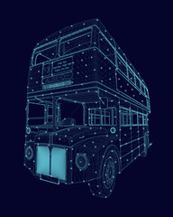 Wireframe of an English double decker bus made of blue lines isolated on a white background. Perspective view. 3D. Vector illustration - obrazy, fototapety, plakaty