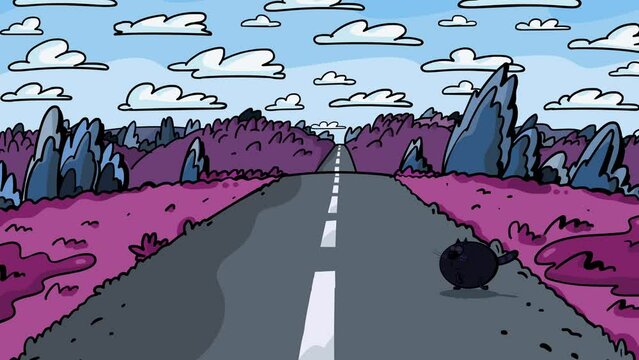Black cat crossing path as symbol of good or bad luck. Cartoon character animation style, moving landscape with clouds.