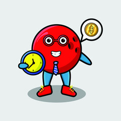 Cute cartoon bowling ball character holding clock with happy expression in concept 3d cartoon style