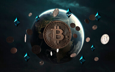 3D illustration of Cryptocurrencies and blockchain technology of digital money around the world. Bitcoin and Ethereum. Elements of image provided by Nasa © Vadimsadovski