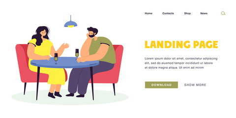 Cartoon husband ignoring wife while sitting at table drinking. Distant aloof lover showing indifference to woman flat vector illustration. Family, cool relationship, communication concept for banner