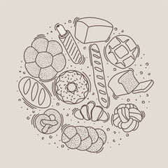 Trendy vector design for bakery or cafe.Illustrations of buns, bread,baguette, and other pastries for packaging, labels,or signage.Line art illustration of food for banner,flyer or menu.Lettering.