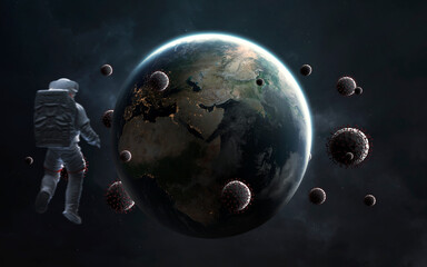 3D illustration of Covid pandemic on the background of the planet Earth. Virus around the world. Elements of image provided by Nasa