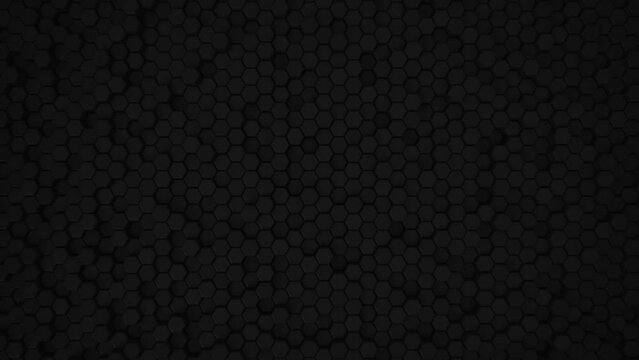 Abstract Hexagon Geometric Surface Loop 5 Black: dark minimal hexagonal grid pattern animation in deep midnight black. Clean background with glossy black hexagon shapes. Space grey. Dramatic feel